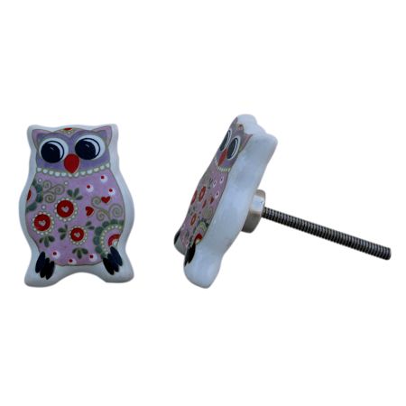 Pink Owl Flat Ceramic Knob